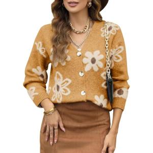 imageDokotoo Cardigan Sweaters for Women Open Front Long Sleeve Button Down VNeck Knit Floral SweaterYellow