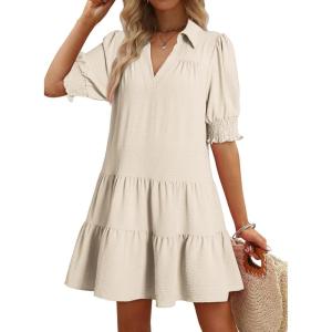 imageDokotoo Casual Dresses for Women Lapel Collared V Neck Mid Sleeved Pleated Summer Dresses for Women 2025 Midi DressesBeige