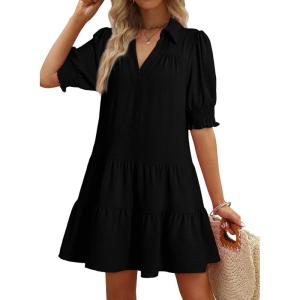 imageDokotoo Casual Dresses for Women Lapel Collared V Neck Mid Sleeved Pleated Summer Dresses for Women 2025 Midi DressesBlack
