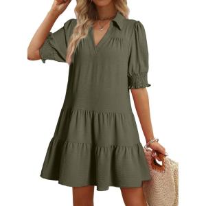 imageDokotoo Casual Dresses for Women Lapel Collared V Neck Mid Sleeved Pleated Summer Dresses for Women 2025 Midi DressesDark Green
