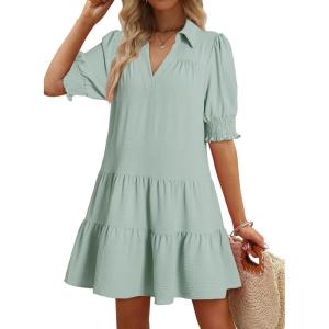 imageDokotoo Casual Dresses for Women Lapel Collared V Neck Mid Sleeved Pleated Summer Dresses for Women 2025 Midi DressesLight Green