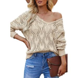 imageDokotoo Fall Sweaters Round Neck Crochet Hollow Out Cute Winter Pullover Sweaters for Women Trendy 2025Apricot