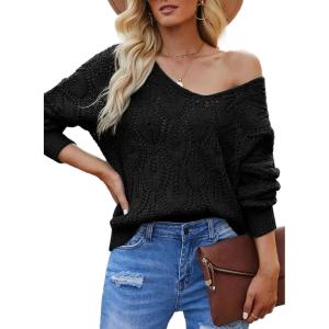 imageDokotoo Fall Sweaters Round Neck Crochet Hollow Out Cute Winter Pullover Sweaters for Women Trendy 2025Black