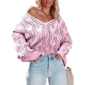 imageDokotoo Fall Sweaters Round Neck Crochet Hollow Out Cute Winter Pullover Sweaters for Women Trendy 2025Pink