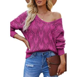 imageDokotoo Fall Sweaters Round Neck Crochet Hollow Out Cute Winter Pullover Sweaters for Women Trendy 2025Rose Red