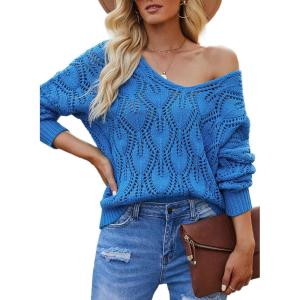 imageDokotoo Fall Sweaters Round Neck Crochet Hollow Out Cute Winter Pullover Sweaters for Women Trendy 2025Sky Blue