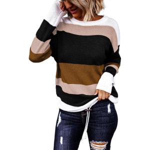 imageDokotoo Round Neck Striped Womens Fashion Clothes Cute Color Block Pullover Fall Sweaters for Women 2025 Women ClothingBrown