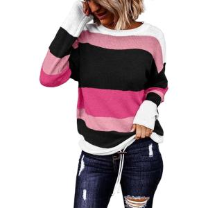 imageDokotoo Round Neck Striped Womens Fashion Clothes Cute Color Block Pullover Fall Sweaters for Women 2025 Women ClothingPink