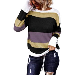 imageDokotoo Round Neck Striped Womens Fashion Clothes Cute Color Block Pullover Fall Sweaters for Women 2025 Women ClothingPurple