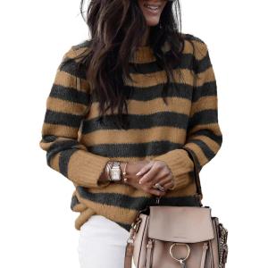 imageDokotoo Sweaters for Women 2025 Crewneck Striped Cute Color Block Fall Winter Knitted Pullover TopsAblack Stripe