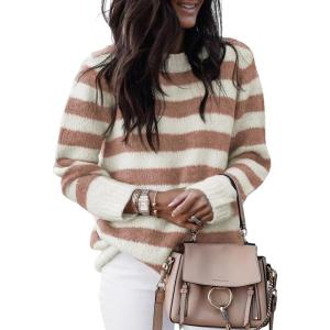 imageDokotoo Sweaters for Women 2025 Crewneck Striped Cute Color Block Fall Winter Knitted Pullover TopsAbrown