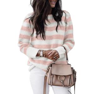 imageDokotoo Sweaters for Women 2025 Crewneck Striped Cute Color Block Fall Winter Knitted Pullover TopsApricot Pink