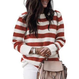 imageDokotoo Sweaters for Women 2025 Crewneck Striped Cute Color Block Fall Winter Knitted Pullover TopsAred Stripe