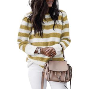 imageDokotoo Sweaters for Women 2025 Crewneck Striped Cute Color Block Fall Winter Knitted Pullover TopsBeige