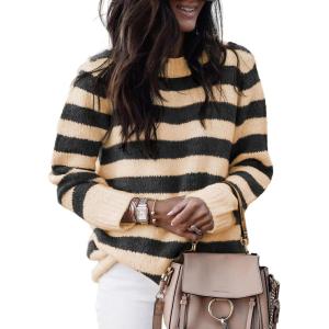 imageDokotoo Sweaters for Women 2025 Crewneck Striped Cute Color Block Fall Winter Knitted Pullover TopsBeige Stripe