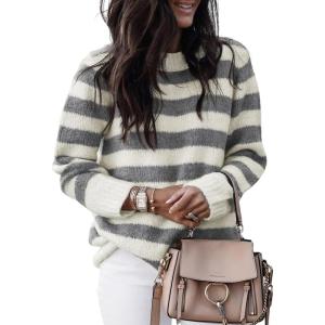 imageDokotoo Sweaters for Women 2025 Crewneck Striped Cute Color Block Fall Winter Knitted Pullover TopsDark Grey