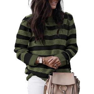 imageDokotoo Sweaters for Women 2025 Crewneck Striped Cute Color Block Fall Winter Knitted Pullover TopsGreen Stripe