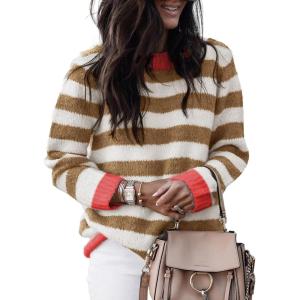 imageDokotoo Sweaters for Women 2025 Crewneck Striped Cute Color Block Fall Winter Knitted Pullover TopsKhaki Stripe