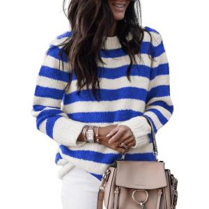 imageDokotoo Sweaters for Women 2025 Crewneck Striped Cute Color Block Fall Winter Knitted Pullover TopsSky Blue Stripe