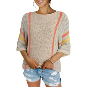 imageDokotoo Womens 2025 Summer Tops Casual Color Block Striped Lightweight Knit Trendy Boho Clothes Pullover SweatersB Beige 2