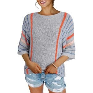 imageDokotoo Womens 2025 Summer Tops Casual Color Block Striped Lightweight Knit Trendy Boho Clothes Pullover SweatersB Gray
