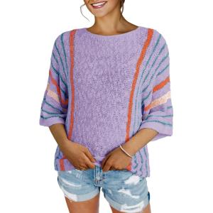 imageDokotoo Womens 2025 Summer Tops Casual Color Block Striped Lightweight Knit Trendy Boho Clothes Pullover SweatersB Purple