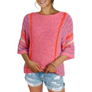 imageDokotoo Womens 2025 Summer Tops Casual Color Block Striped Lightweight Knit Trendy Boho Clothes Pullover SweatersB Rose 2