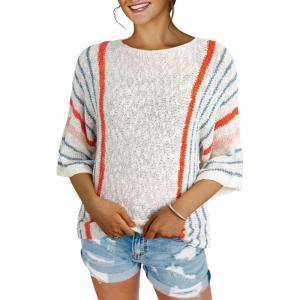 imageDokotoo Womens 2025 Summer Tops Casual Color Block Striped Lightweight Knit Trendy Boho Clothes Pullover SweatersB White