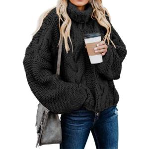 imageDokotoo Womens 2025 Winter Fall Solid Turtleneck High Neck Balloon Long Sleeve Sweaters Pullover OuterwearA Black 01
