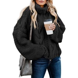 imageDokotoo Womens 2025 Winter Fall Solid Turtleneck High Neck Balloon Long Sleeve Sweaters Pullover OuterwearA Black