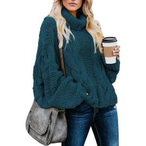 imageDokotoo Womens 2025 Winter Fall Solid Turtleneck High Neck Balloon Long Sleeve Sweaters Pullover OuterwearA Blue 2