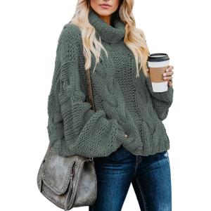 imageDokotoo Womens 2025 Winter Fall Solid Turtleneck High Neck Balloon Long Sleeve Sweaters Pullover OuterwearA Gray 3