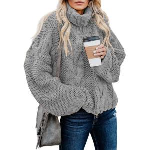 imageDokotoo Womens 2025 Winter Fall Solid Turtleneck High Neck Balloon Long Sleeve Sweaters Pullover OuterwearA Gray