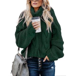 imageDokotoo Womens 2025 Winter Fall Solid Turtleneck High Neck Balloon Long Sleeve Sweaters Pullover OuterwearA Green