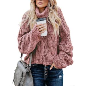 imageDokotoo Womens 2025 Winter Fall Solid Turtleneck High Neck Balloon Long Sleeve Sweaters Pullover OuterwearA Pink