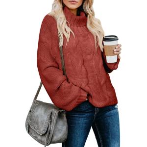 imageDokotoo Womens 2025 Winter Fall Solid Turtleneck High Neck Balloon Long Sleeve Sweaters Pullover OuterwearA Red 01