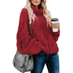 imageDokotoo Womens 2025 Winter Fall Solid Turtleneck High Neck Balloon Long Sleeve Sweaters Pullover OuterwearA Red 2