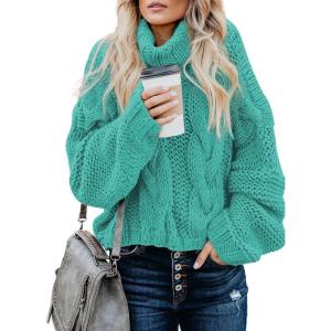 imageDokotoo Womens 2025 Winter Fall Solid Turtleneck High Neck Balloon Long Sleeve Sweaters Pullover OuterwearA Turquoise Green