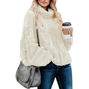 imageDokotoo Womens 2025 Winter Fall Solid Turtleneck High Neck Balloon Long Sleeve Sweaters Pullover OuterwearA White