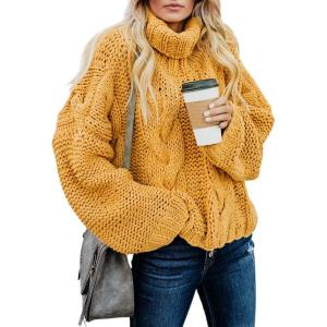 imageDokotoo Womens 2025 Winter Fall Solid Turtleneck High Neck Balloon Long Sleeve Sweaters Pullover OuterwearA Yellow