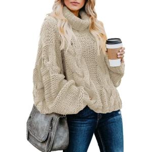 imageDokotoo Womens 2025 Winter Fall Solid Turtleneck High Neck Balloon Long Sleeve Sweaters Pullover OuterwearA1 Beige