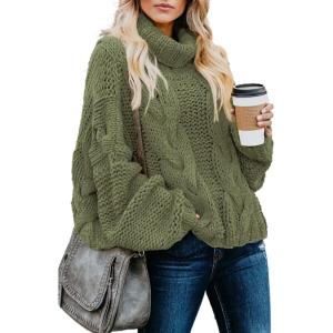 imageDokotoo Womens 2025 Winter Fall Solid Turtleneck High Neck Balloon Long Sleeve Sweaters Pullover OuterwearA1 Green