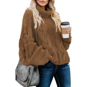 imageDokotoo Womens 2025 Winter Fall Solid Turtleneck High Neck Balloon Long Sleeve Sweaters Pullover OuterwearA1 Khaki