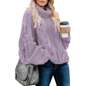 imageDokotoo Womens 2025 Winter Fall Solid Turtleneck High Neck Balloon Long Sleeve Sweaters Pullover OuterwearA1 Purple