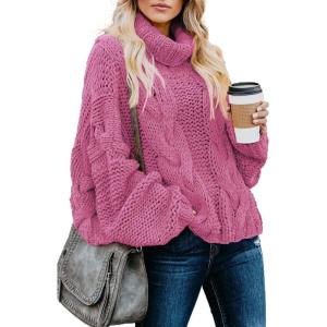 imageDokotoo Womens 2025 Winter Fall Solid Turtleneck High Neck Balloon Long Sleeve Sweaters Pullover OuterwearA1 Rose