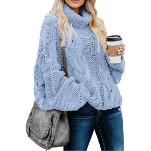 imageDokotoo Womens 2025 Winter Fall Solid Turtleneck High Neck Balloon Long Sleeve Sweaters Pullover OuterwearA1 Sky Blue