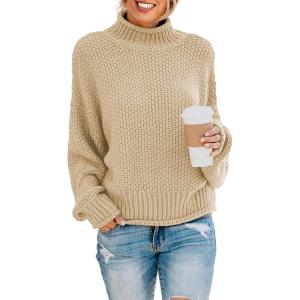 imageDokotoo Womens 2025 Winter Fall Solid Turtleneck High Neck Balloon Long Sleeve Sweaters Pullover OuterwearB Apricot