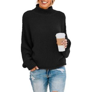 imageDokotoo Womens 2025 Winter Fall Solid Turtleneck High Neck Balloon Long Sleeve Sweaters Pullover OuterwearB Black