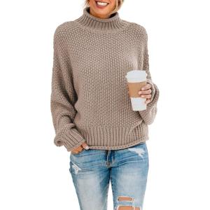 imageDokotoo Womens 2025 Winter Fall Solid Turtleneck High Neck Balloon Long Sleeve Sweaters Pullover OuterwearB Khaki