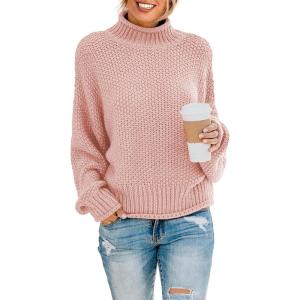 imageDokotoo Womens 2025 Winter Fall Solid Turtleneck High Neck Balloon Long Sleeve Sweaters Pullover OuterwearB Pink